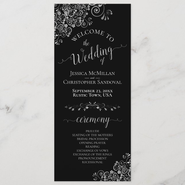 Elegant Silver Frills on Black Simple Wedding Program (Front)