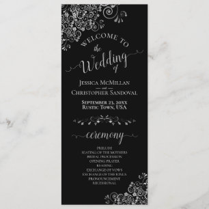Elegant Silver Frills on Black Simple Wedding Program