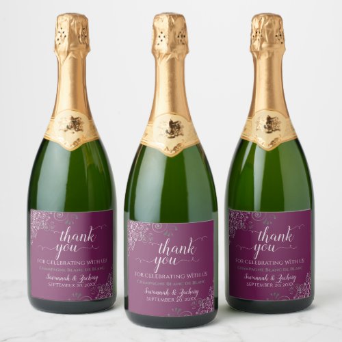 Elegant Silver Frills on Cassis Wedding Thank You Sparkling Wine Label