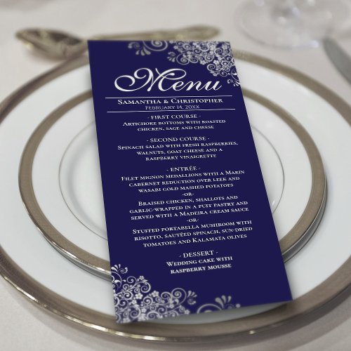 Elegant Silver Frills on Navy Blue Wedding Menu