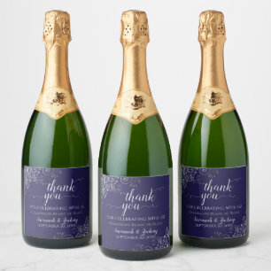 Elegant Silver Frills on Navy Wedding Thank You Sparkling Wine Label
