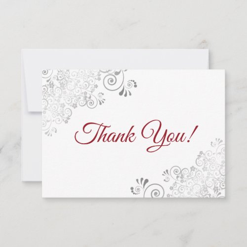 Elegant Silver Frills Red Script on White Wedding Thank You Card