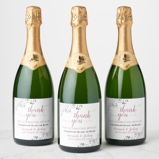 Elegant Silver Frills Rose White Wedding Thank You Sparkling Wine Label (Bottles)
