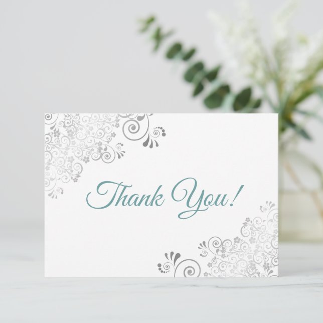 Elegant Silver Frills Teal Script on White Wedding Thank You Card (Standing Front)