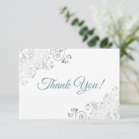 Elegant Silver Frills Teal Script on White Wedding