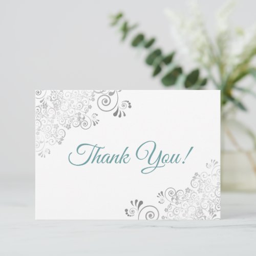 Elegant Silver Frills Teal Script on White Wedding Thank You Card