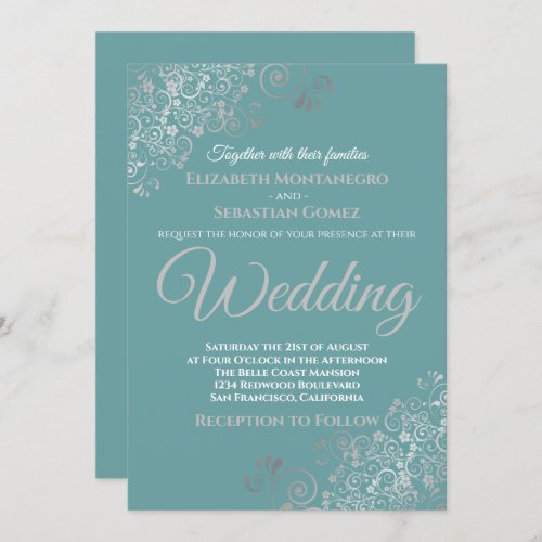 Elegant Silver Frills Teal Wedding Invitation