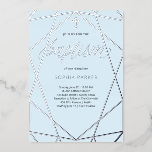 Elegant Silver Geometric on Light Blue  Baptism Foil Invitation