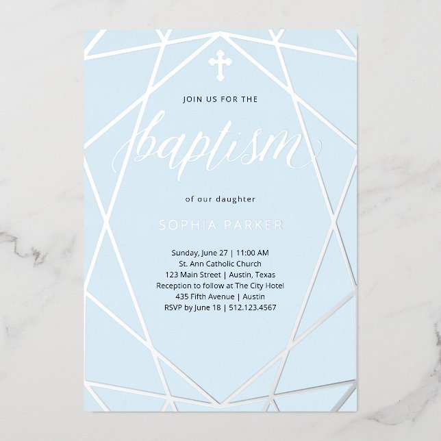 Elegant Silver Geometric on Light Blue | Baptism Foil Invitation (Front)