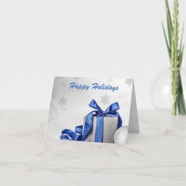Elegant Silver Gift With Blue Ribbon Silver Snow Holiday Card (Front)