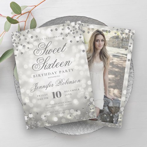 Elegant Silver Glam Lights Photo Sweet 16   Invitation