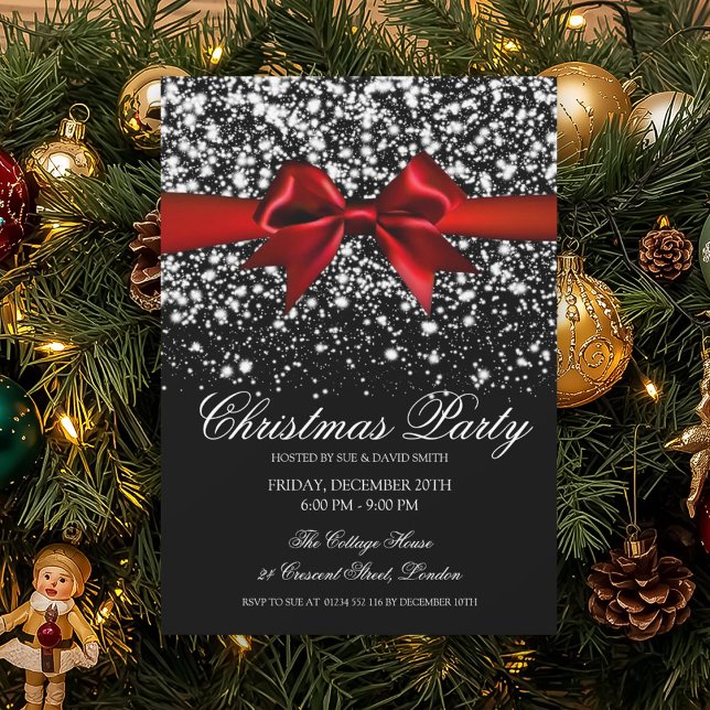 Elegant Silver Glam Red Bow Christmas Party  Invitation (Creator Uploaded)