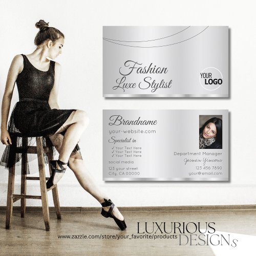 Elegant Silver Glamorous with Logo and Photo Business Card