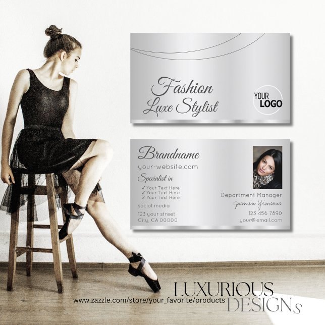 Elegant Silver Glamorous with Logo and Photo Business Card (Creator Uploaded)
