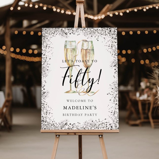 Elegant Silver Glitter 50th Birthday Party Welcome Foam Board (Creator Uploaded)