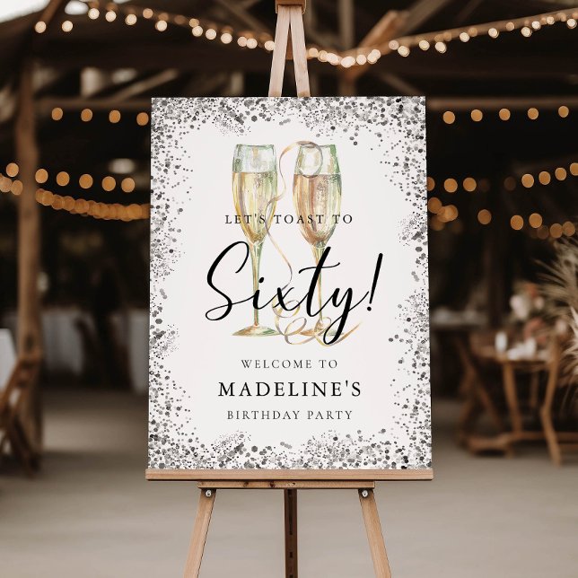 Elegant Silver Glitter 60th Birthday Welcome Foam Board (Creator Uploaded)