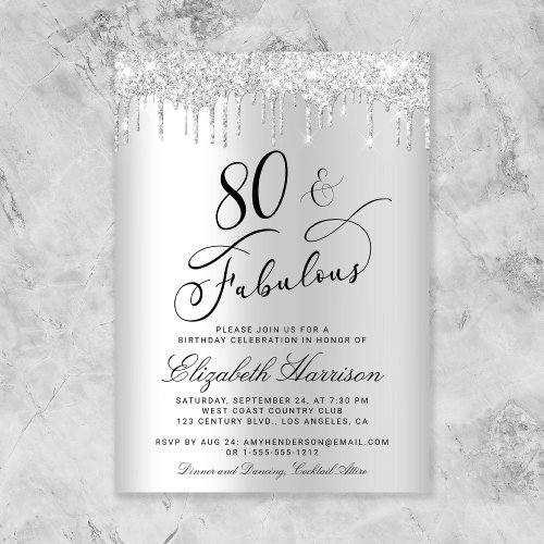 Elegant Silver Glitter 80th Birthday Party Invitation