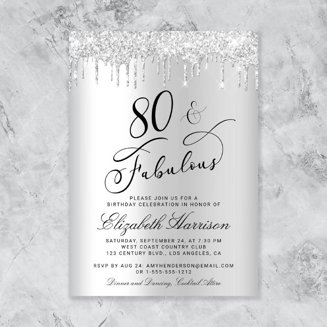 Elegant Silver Glitter 80th Birthday Party Invitation (Creator Uploaded)