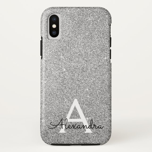 Elegant Silver Glitter and Sparkle Monogram Case-Mate iPhone Case (Back)