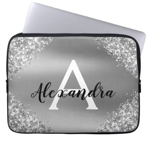 Elegant Silver Glitter and Sparkle Monogram Laptop Sleeve