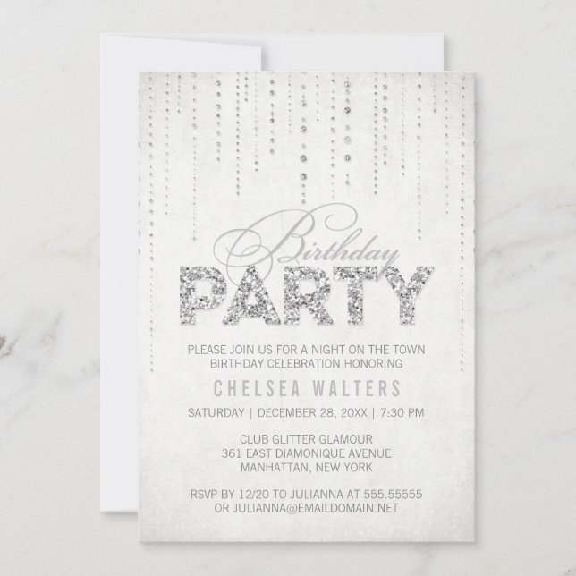 Elegant Silver Glitter Birthday Party Invitation (Front)