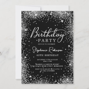 Elegant Silver Glitter Black 40th Birthday Invitation