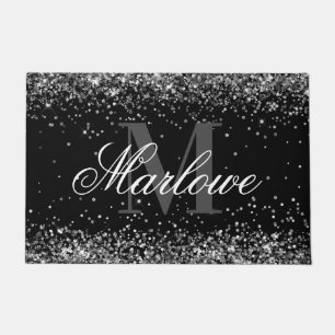 Elegant Silver Glitter Black and White Monogram Doormat