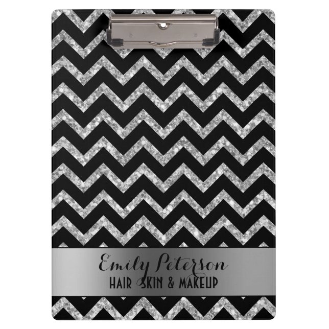 Elegant Silver Glitter Black Chevron Black Accents Clipboard (Front)