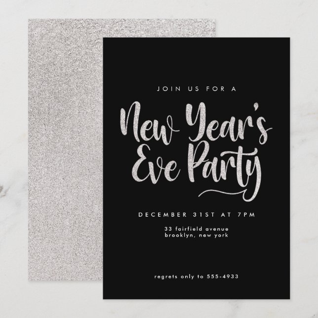 Elegant Silver Glitter Black New Years Eve Party Invitation (Front/Back)