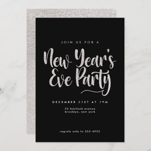 Elegant Silver Glitter Black New Years Eve Party Invitation