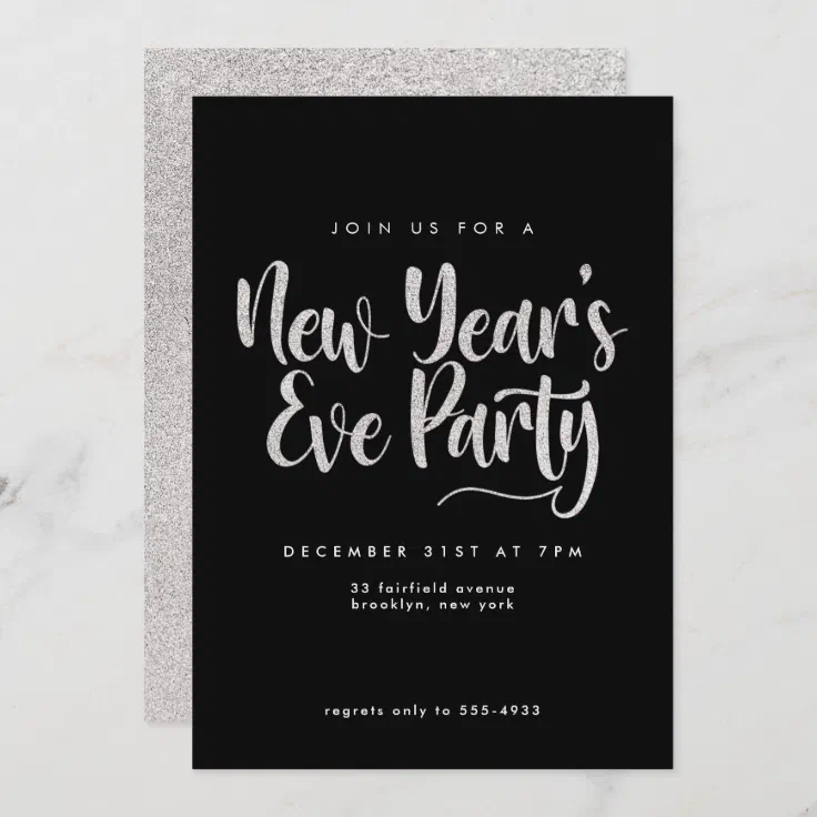 Elegant Silver Glitter Black New Years Eve Party Invitation | Zazzle