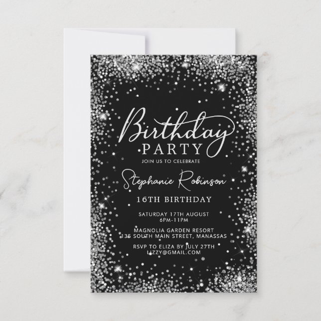 Elegant Silver Glitter Black Sweet 16 Birthday  Invitation (Front)