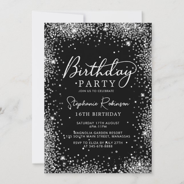 Elegant Silver Glitter Black Sweet 16Birthday    Invitation (Front)