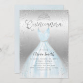 Elegant silver glitter blue dress Quinceañera Invitation (Front/Back)