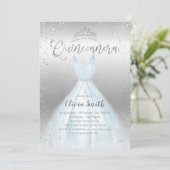 Elegant silver glitter blue dress Quinceañera Invitation (Standing Front)