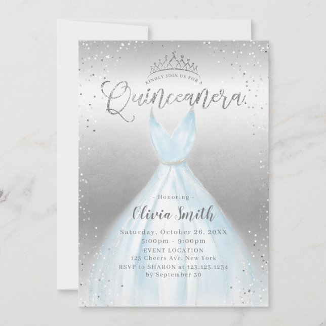 Elegant silver glitter blue dress Quinceañera Invitation (Front)