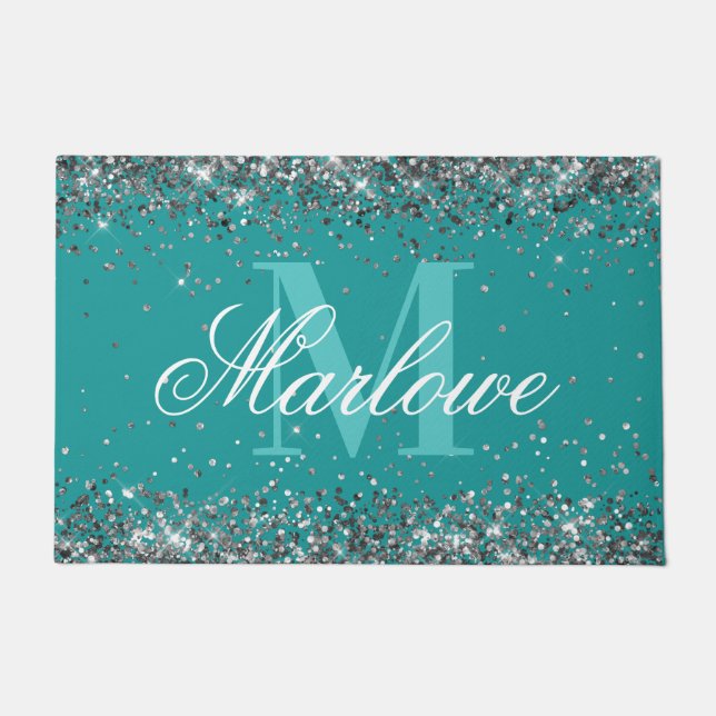 Elegant Silver Glitter Blue Green Monogram Doormat (Front)