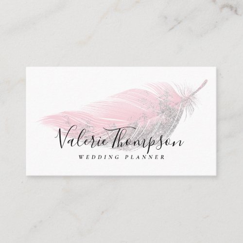 Elegant silver glitter blush pink feather modern business card