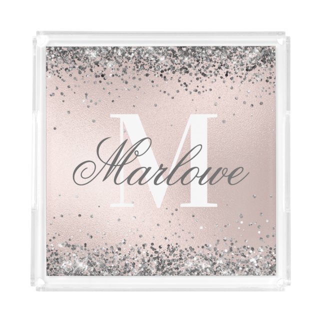 Elegant Silver Glitter Blush Pink Monogram Acrylic Tray (Front)