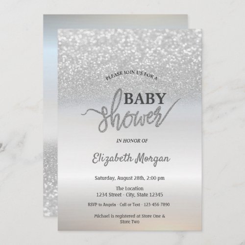 Elegant Silver Glitter Bokeh Baby Shower Invitation