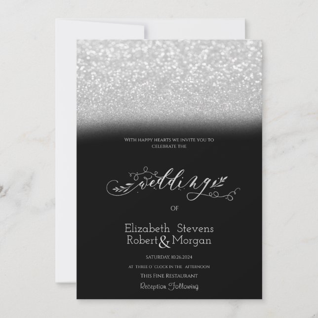  Elegant Silver Glitter Bokeh Black Wedding  Invitation (Front)