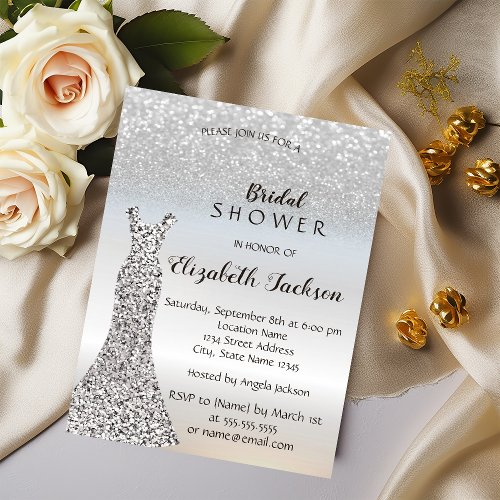 Elegant Silver Glitter Bokeh  Dress Bridal Shower Invitation