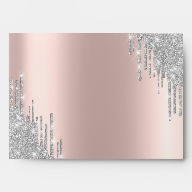 Elegant Silver Glitter Bokeh Drips Rose Gold Envelope (Front)