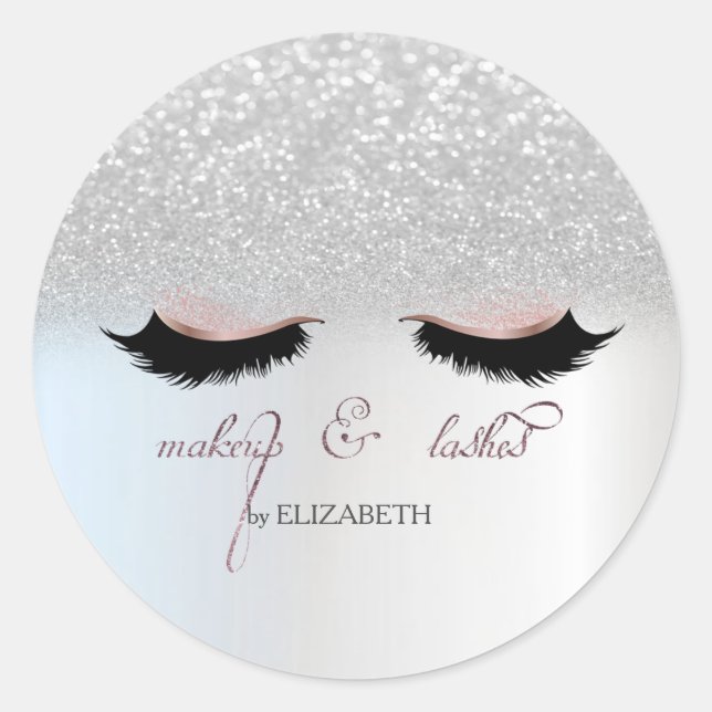 Elegant Silver Glitter Bokeh, Faux Lashes Classic Round Sticker (Front)