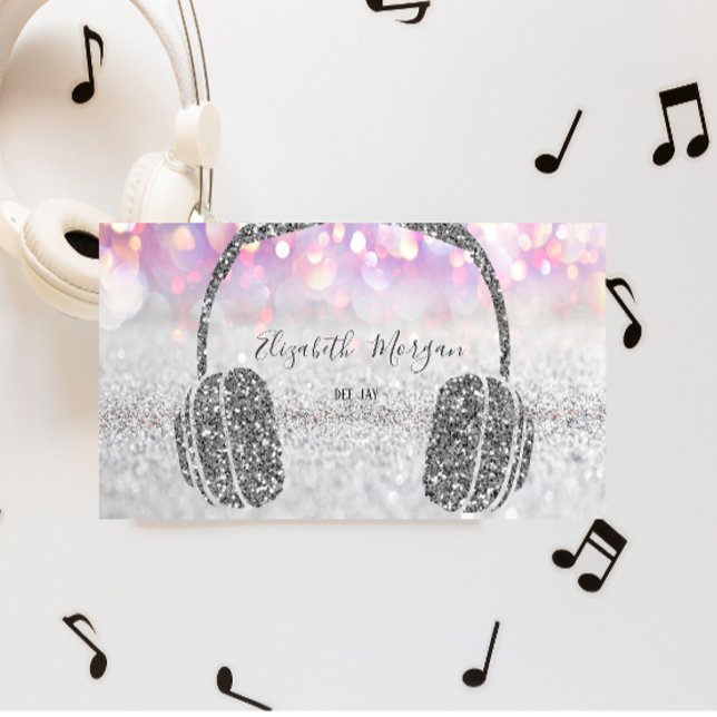 Elegant Silver Glitter Bokeh Headphone DJ Business Card (Creator Uploaded)