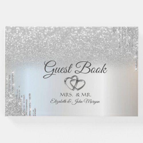 Elegant Silver Glitter Bokeh Hearts Drips Wedding  Guest Book