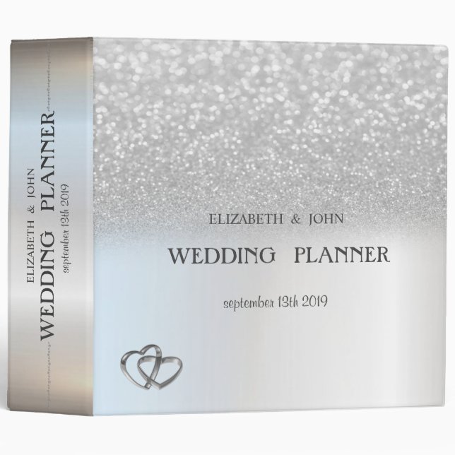 Elegant Silver Glitter Bokeh Hearts Wedding 3 Ring Binder (Front/Spine)