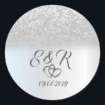 Elegant Silver Glitter Bokeh,Hearts  Wedding Classic Round Sticker<br><div class="desc">Elegant silver heart rings on silver glitter bokeh background.</div>