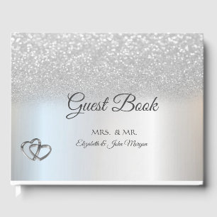 Elegant Silver Glitter Bokeh Hearts Wedding Guest Book
