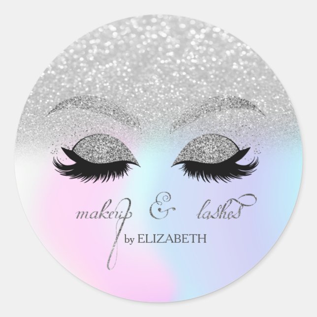 Elegant Silver Glitter Bokeh,Holograph Faux Lashes Classic Round Sticker (Front)